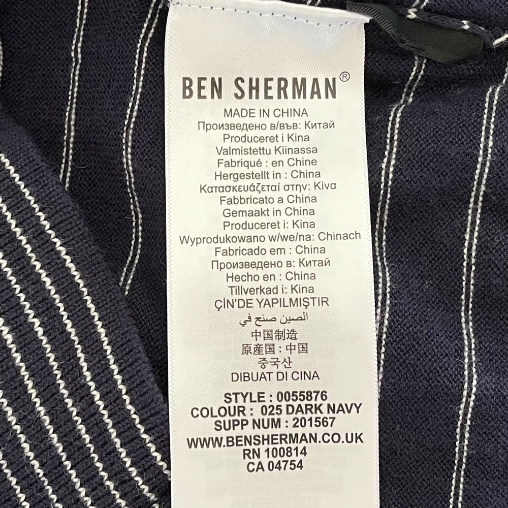 Ben Sherman Navy White Striped Cotton Merino Wool Crewneck Sweater Size Large - Picture 7 of 12